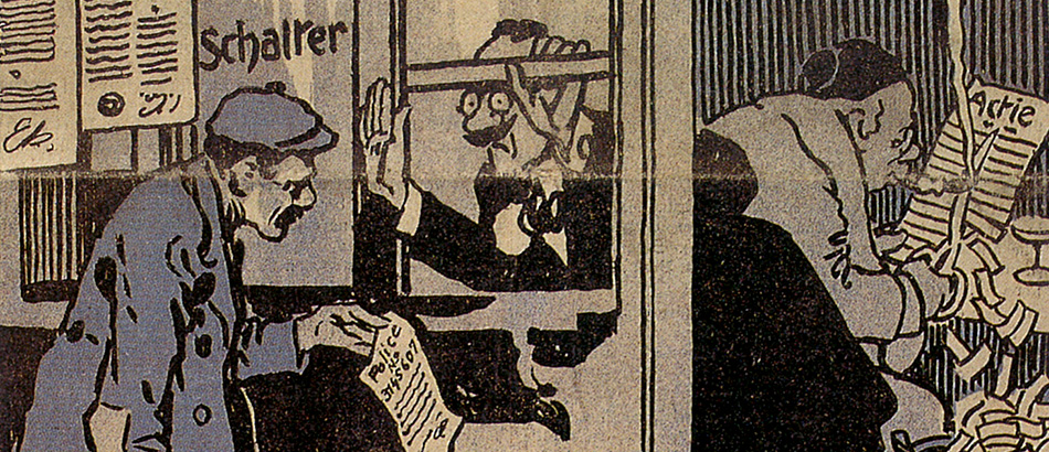 Caricature ‘Liability?’, Der neue Postillon, 3rd February 1912, source: 75 Jahre Suva, Lucerne 1993.