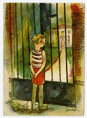 Postcard of the Swiss Fund for Proletarian Children, around 1940: Child behind bars, with a house in the background. Source: Schweizerisches Sozialarchiv Zürich, F Ka-0002-378.