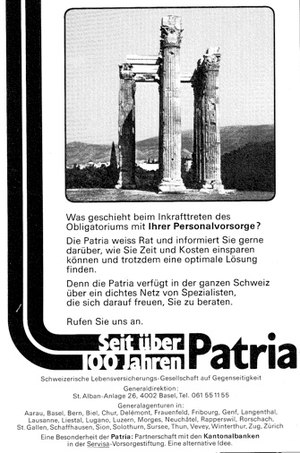 Advertisement “100 Years of PATRIA". Source: ISSA (1983) La Sécurité sociale en question: retour aux sources – la solidarité helvétique – entre le bien et le mieux (XXIe Assemblée générale de l’AISS; Genève, 3-13 octobre).