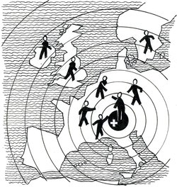 Drawing/cartoon: Switzerland in the heart of Europe. Source: Schweizerisches Sozialarchiv Zurich, F 5030-Za-0083.