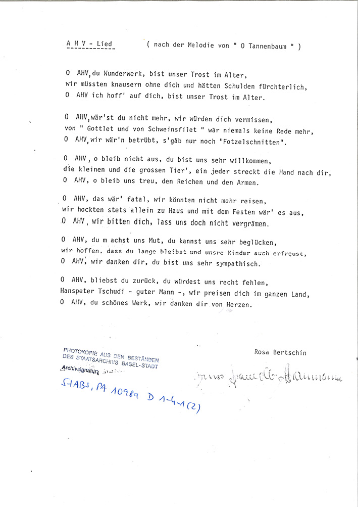 Rosa Bertschin, AHV song. Source: Basel Stadt Cantonal Archives: StABS, PA 1098a D 1-4-1 (2).