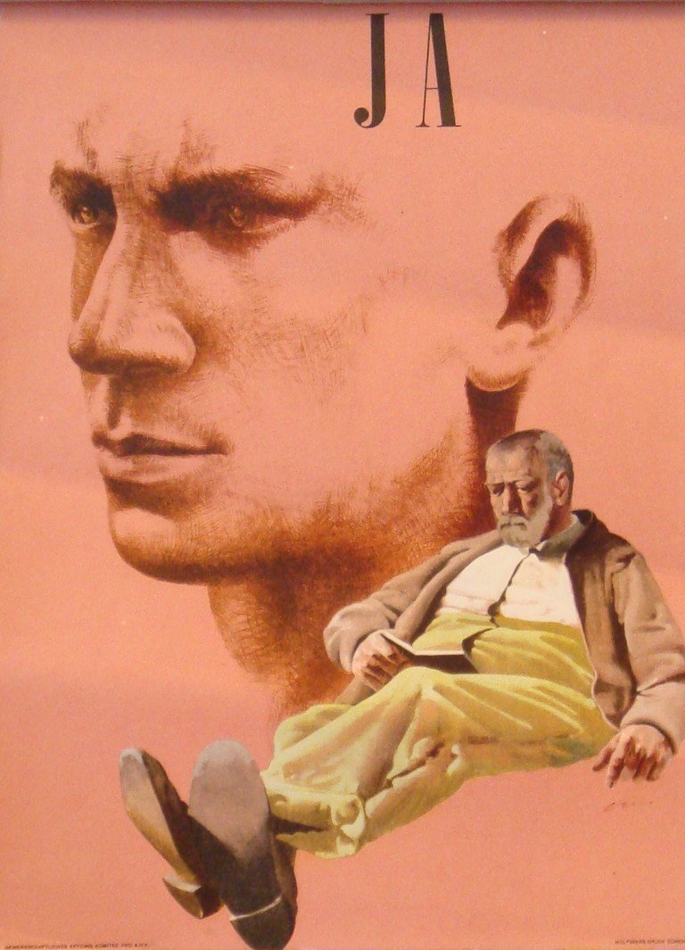 Poster by Hans Erni for the Old Age and Survivors’ Insurance (OASI) vote of 6 July 1947, reference: Unia trade union.