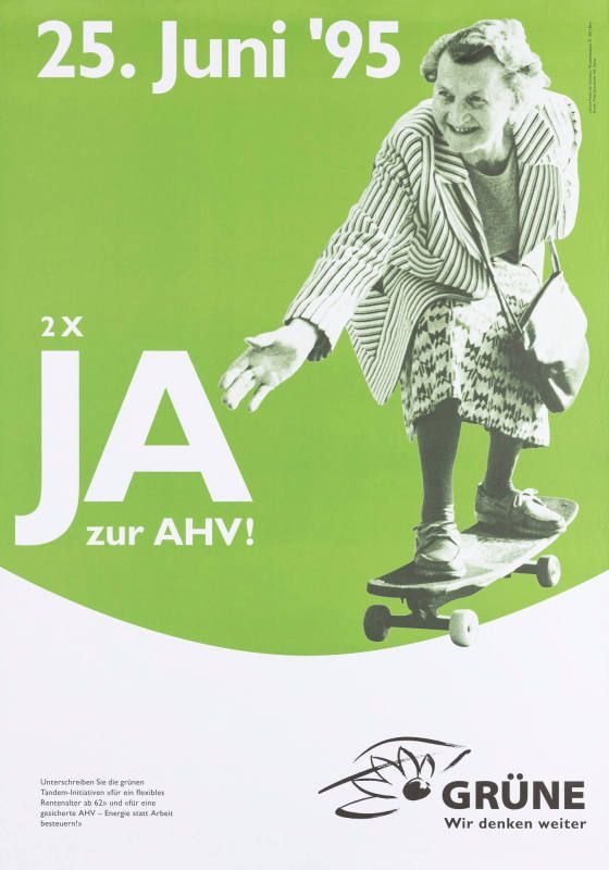 Poster commissioned by the Green Party of Switzerland advocating a flexible retirement age from 62, 1995. Source: Zurich University of the Arts, Museum für Gestaltung Zürich, Poster Collection, Archive no. 88-0593