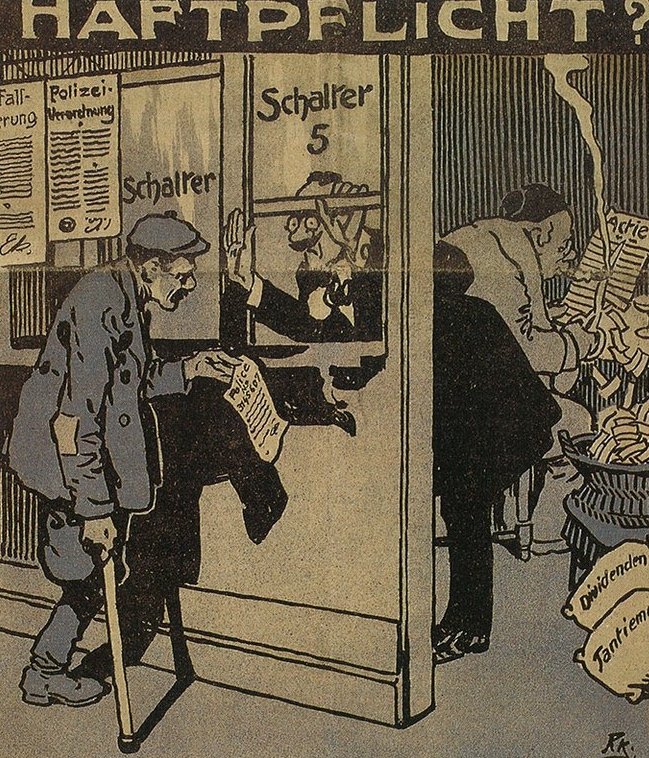 Caricature on the 'civil liability' of employers, Der neue Postillon, 2 February 1912, 75 Years of SUVA, Lucerne 1993.