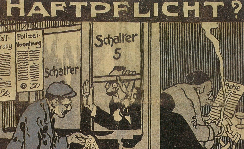 Caricature on the 'civil liability' of employers, Der neue Postillon, 2 February 1912, 75 Years of SUVA, Lucerne 1993.