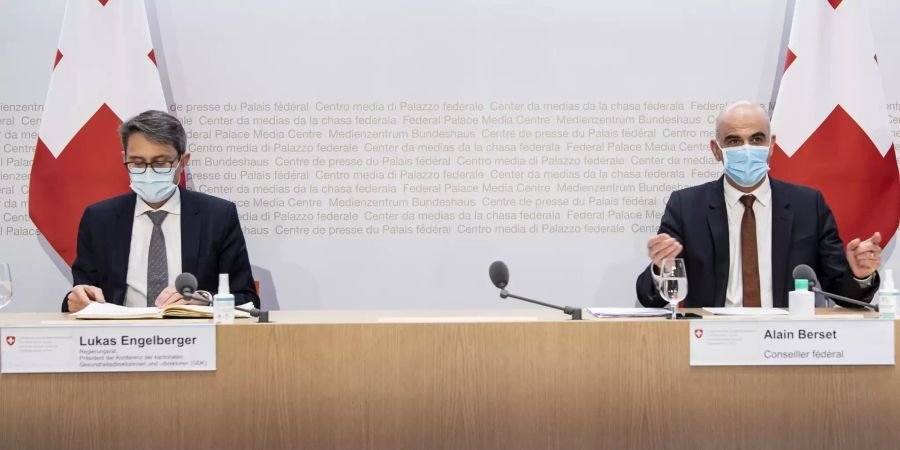 Coronavirus Switzerland: Press conference February 2021, Federal Councillor Alain Berset and President of the GDK, Lukas Engelberger. Source: Keystone.