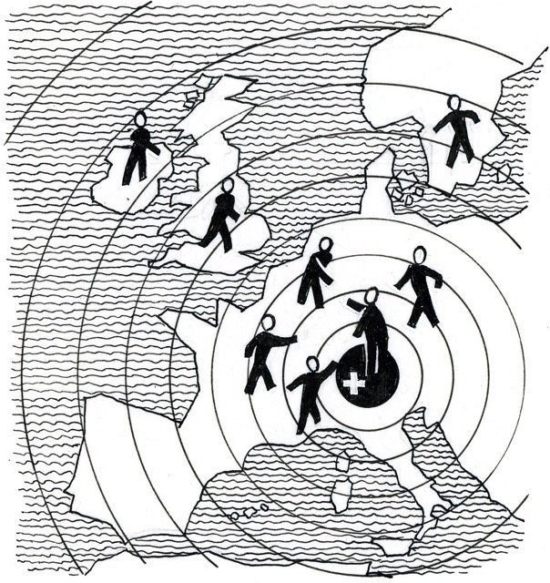 Drawing/cartoon: Switzerland in the heart of Europe. Source: Schweizerisches Sozialarchiv Zurich, F 5030-Za-0083.