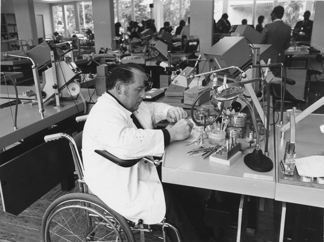 A man with a disability at work. Source: Swiss Social Archives, Zurich, SozArch F 5032-Fc-1323.