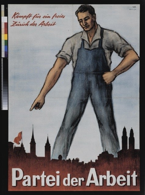 "Kampf für ein freies Zürich der Arbeit - Partei der Arbeit" - Drawing: Oversized worker stands above the red silhouette of Zurich, pointing to a red flag, 1946. Source: Swiss Social Archives, F Pe-0614.